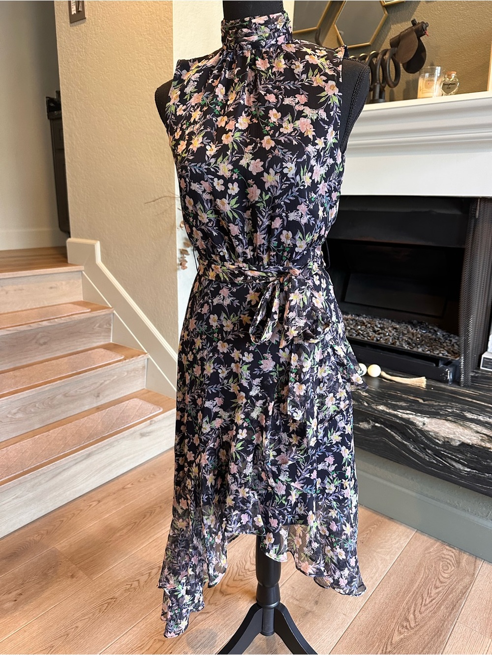🪻CeCe Black Floral Sheer Ruffle High Neck Asymmetrical Midi Dress Size 00 🪻